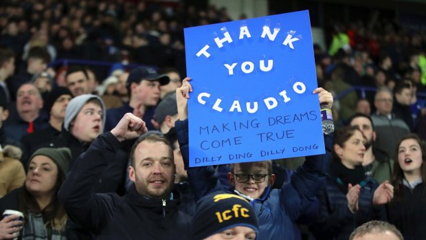 Leicester fans with a banner of support during the match after Ranieri was sacked, against Liverpool.