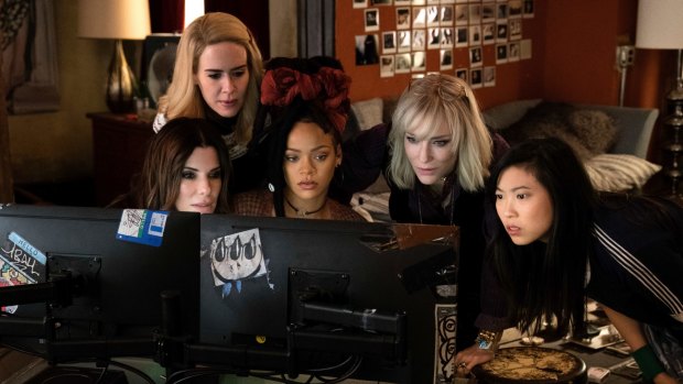 From foreground left, Sandra Bullock Sarah Paulson, Rihanna, Cate Blanchett and Awkwafina in a scene from <i>Ocean's 8</i>. 