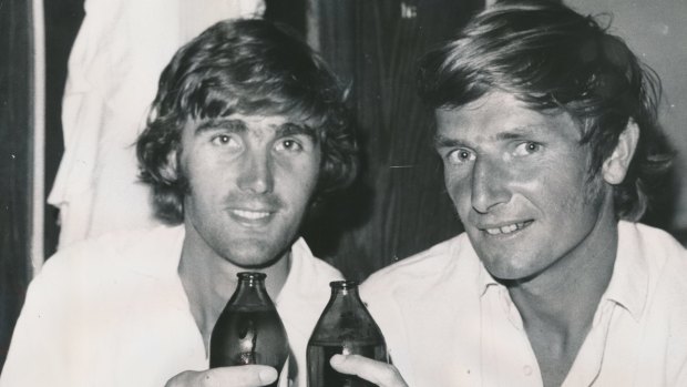 Paul Sheahan and John Benaud share a beer after their match-winning partnership at the MCG in 1973.