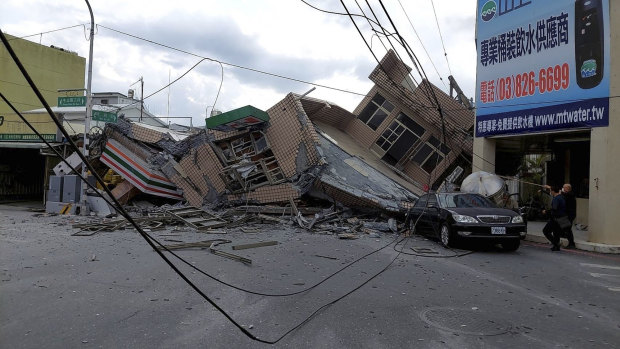A 7-11 convenience store was at the first floor of a collapsed residential building following the earthquake in Yuli township in Hualien County.