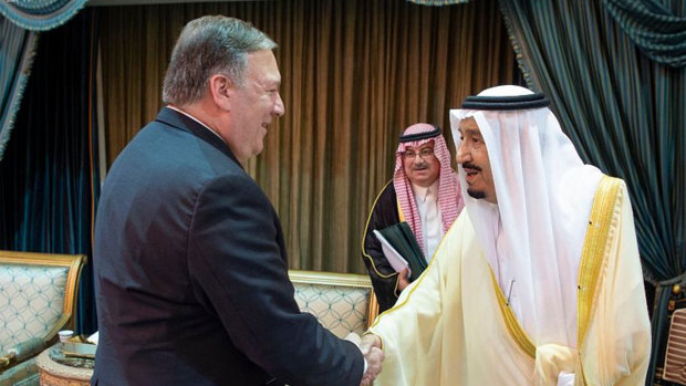 US Secretary of State Mike Pompeo, left, meets  Saudi King Salman in Riyadh, Saudi Arabia, on Sunday.