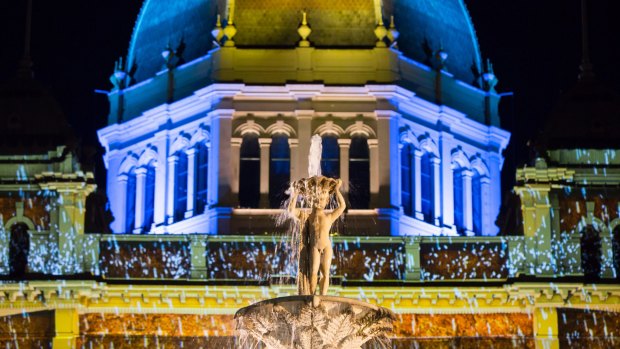 The Royal Exhibition Buildings lit up for White Night in 2015.