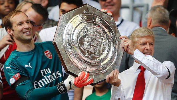 Philosophy: Arsenal goalkeeper Petr Cech and manager Arsene Wenger holding the  2017 Community Shield.