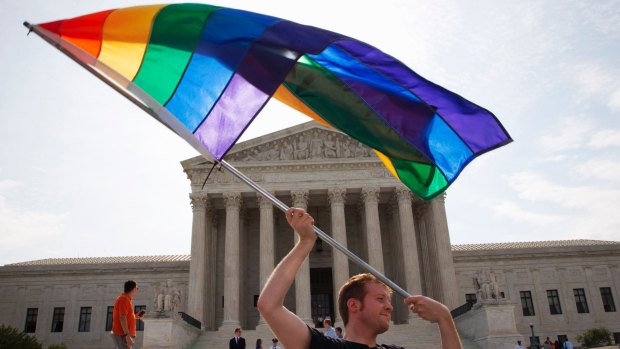 A rainbow flag in support of gay marriage outside of the Supreme Court in Washington, DC in 2015.