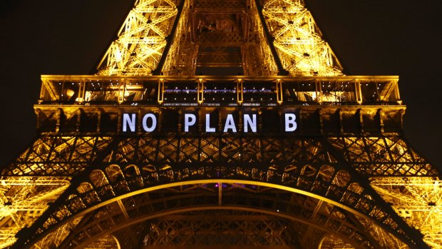 The slogan "NO PLAN B" is projected on the Eiffel Tower as part of the COP21, United Nations Climate Change Conference in Paris in December 2015.