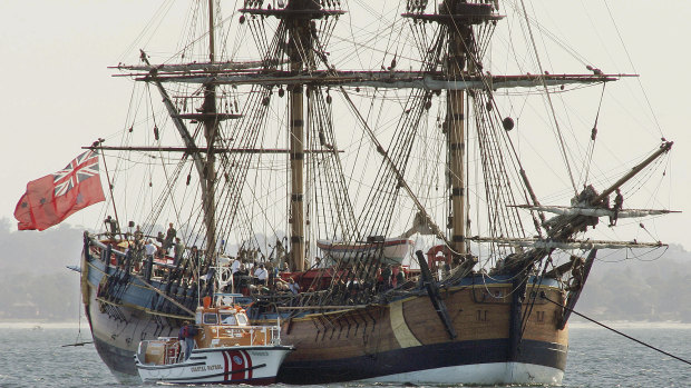 A replica of the Endeavour, which sailed into what became Botany Bay 250 years ago today.