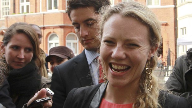 Sarah Harrison, then Assange’s assistant and girlfriend, thanks supporters outside Ecuador’s embassy in 2012. 