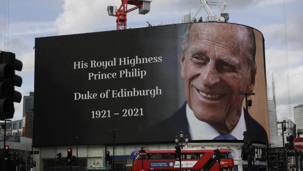 A tribute to Britain’s Prince Philip  projected onto a large screen at Piccadilly Circus in London on Friday.
