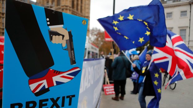 Protesters demonstrate against Brexit outside the British Parliament.