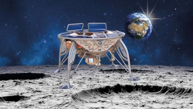 An artist's impression of SpaceIL's lunar lander, Beresheet, landing on the moon.