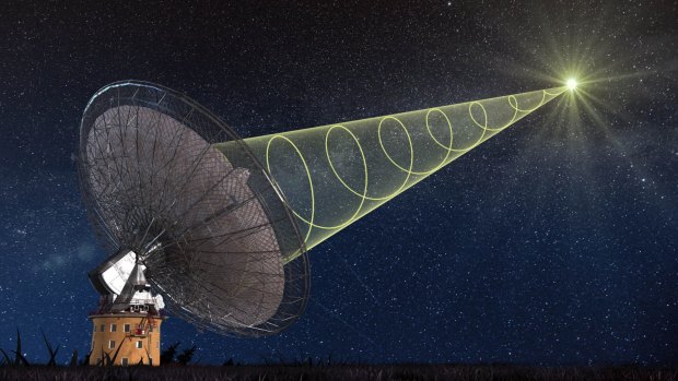 An artist's impression of the Parkes radio telescope receiving a fast radio burst from outer space.