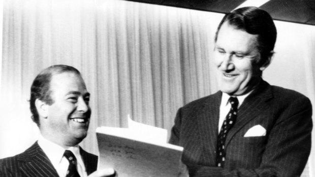 Phillip Lynch with prime minister Malcolm Fraser. Lynch’s first budget in 1976 focused on the fight against inflation.