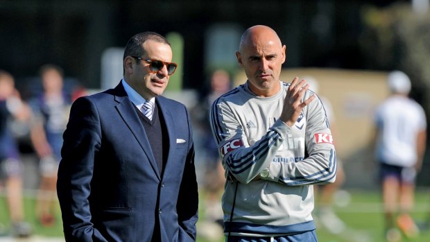 Melbourne Victory chairman Anthony Di Pietro (left) and coach  Kevin Muscat have overseen a strong end to the season.