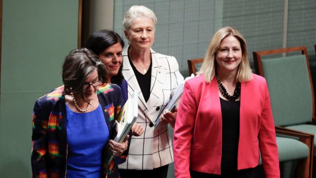Independent MPs Cathy McGowan, Julia Banks and Kerryn Phelps with Centre Alliance MP Rebekha Sharkie during Question Time.