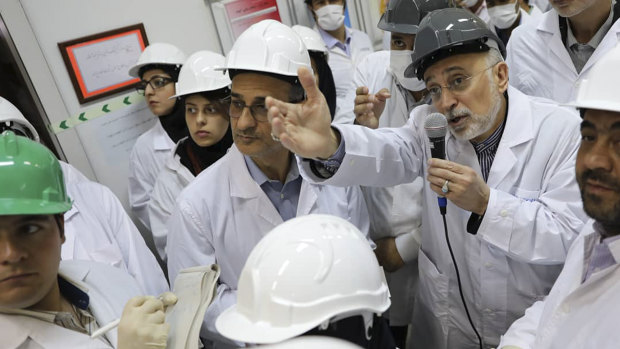 Ali Akbar Salehi, head of Iran's Atomic Energy Organisation, speaks with media while visiting Natanz enrichment facility in central Iran.