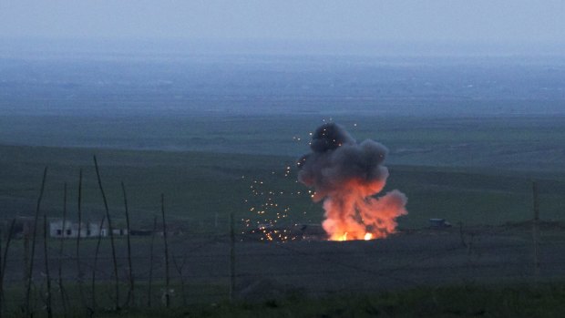 An explosion of a downed Azerbaijani drone in the separatist region of Nagorno-Karabakh, Azerbaijan in 2016. 