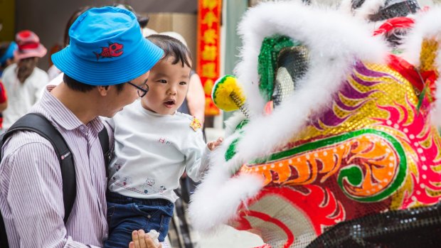 A Chinese dragon greets Timmy Yang Yang, 2, at the National Multicultural Festival.