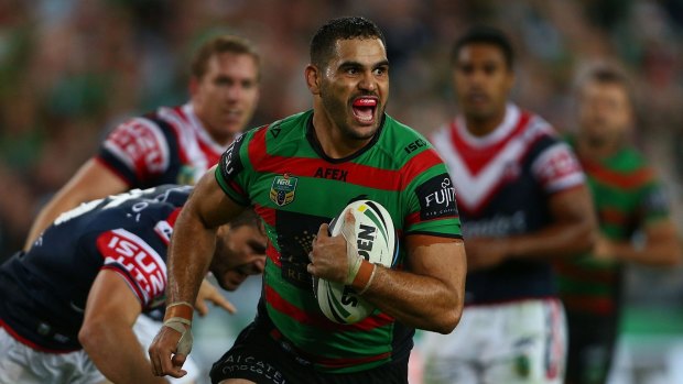 Greg Inglis in full flight for the Rabbitohs in 2014.