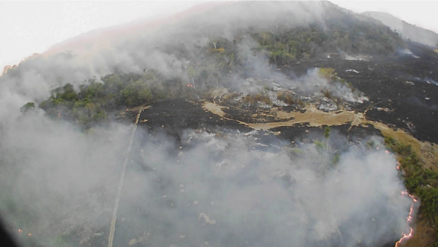 A drone photo shows bushfires burning in Guaranta do Norte municipality, Mato Grosso state, Brazil. 