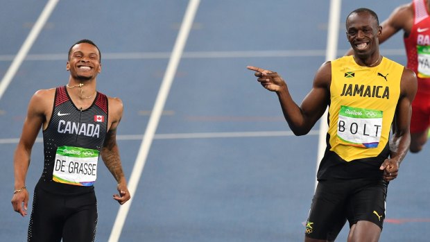 Jamaica’s Usain Bolt and Canada’s Andre De Grasse, left, compete at the 2016 Olympics.