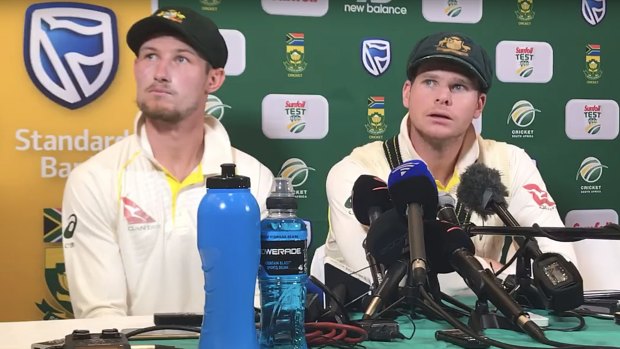 Cameron Bancroft and Steve Smith admit to ball-tampering at that now infamous press conference in Cape Town.