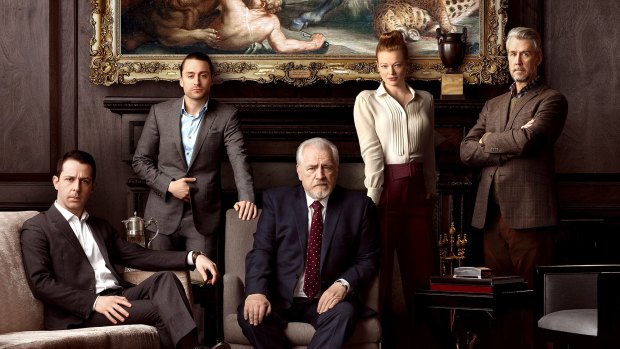 Succession: not your mother’s Dynasty. The cast (from left): Jeremy Strong, Kieran Culkin, Brian Cox, Sarah Snook and Alan Ruck. 