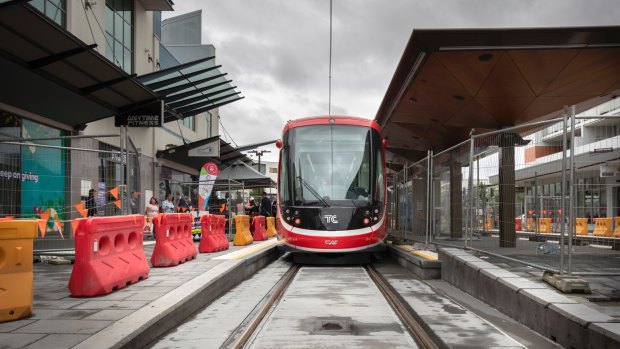 A light rail vehicle at the Gungahlin terminus. Photo: Sitthixay Ditthavong
