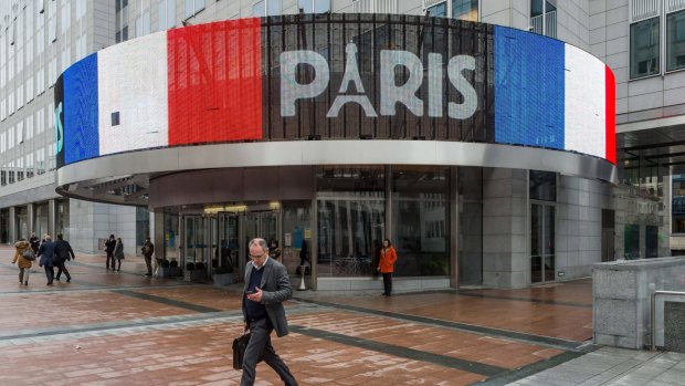 The European Parliament lit in the colours of the French flag after the attacks in Paris in 2015.