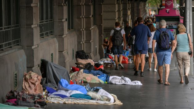 Homeless people outside Melbourne’s Flinders Street Station in 2016