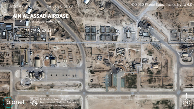 Satellite image shows the damage caused from an Iranian missile strike at the Ain Asad Air Base in Iraq. 