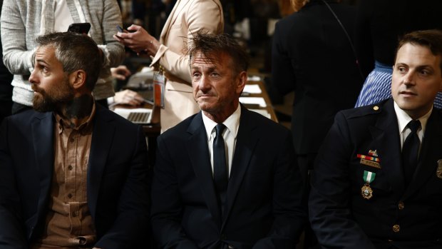 From left: Former policeman Michael Fanone, actor Sean Penn and officer Daniel Hodges attend the hearing.