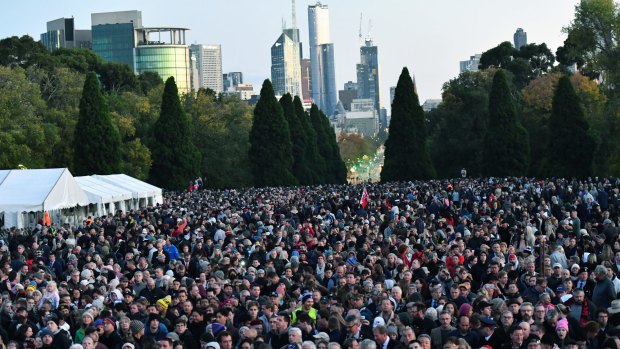 Tens of thousands of Melburnians at Anzac Day dawn service at the Shrine of Remembrance last year. 