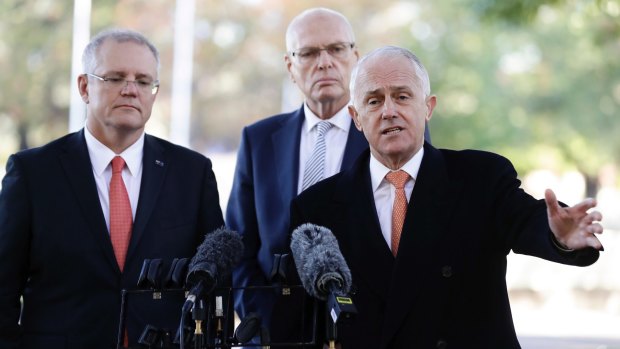 Treasurer Scott Morrison, Senator Jim Molan and Prime Minister Malcolm Turnbull. The government's budget has been overshadowed by more s44 citizenship chaos.