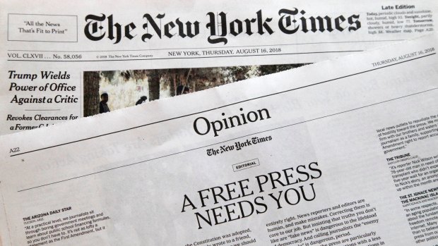 An editorial titled "A Free Press Needs You" published in The New York Times in August last year. Now Trump has cancelled the White House's subscription..