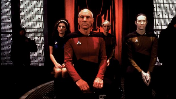 Troi (Marina Sirtis), Picard (Patrick Stewart), Yar (Denise Crosby) and Data (Brent Spiner) in the 1987 pilot to Star Trek: The Next Generation, Encounter at Farpoint.