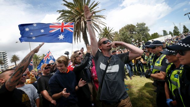 Far-right activists in St Kilda on Saturday.