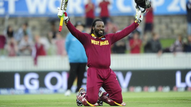 Chris Gayle of the West Indies celebrates his double century.