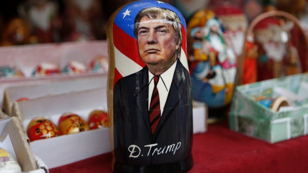 A traditional wooden Matryoshka doll depicting President-elect Donald Trump is displayed at a shop in Kiev, Ukraine, during the 2016 election campaign.