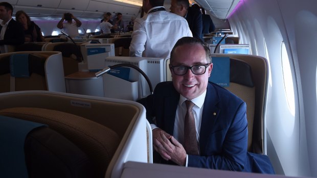 Alan Joyce on an A350-1000 during a test flight in Sydney in February. 