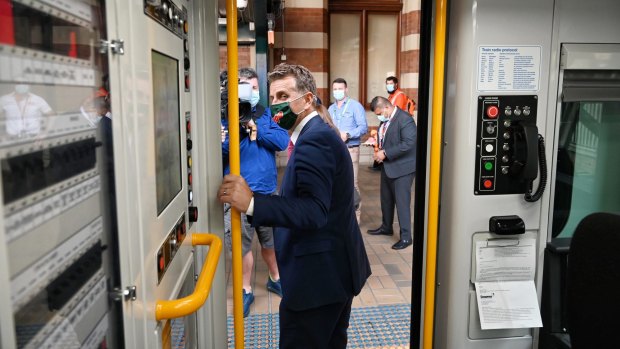 NSW Transport Minister Andrew Constance inspects a new Waratah train in Sydney last month.