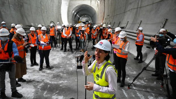 Premier Gladys Berejiklian visits a Metro construction site beneath Sydney's CBD.