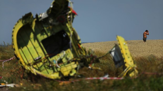 A Ukrainian man stands in the field where he came across a diver's watch near debris from the MH17 plane crash outside the village of Grabovka in the self-proclaimed Donetsk Republic, Ukraine. 