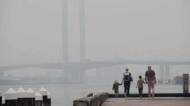 Smoke haze hangs over the Yarra River in Melbourne. 
