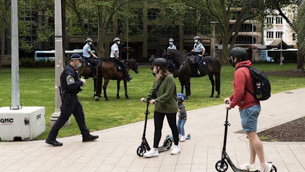 Police patrolling Sydney’s Hyde Park on Saturday. 