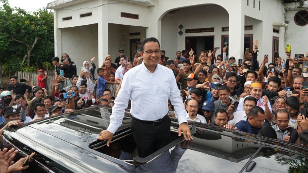 Anies Baswedan appears at a campaign rally in Bone Regency in South Sulawesi on Wednesday.