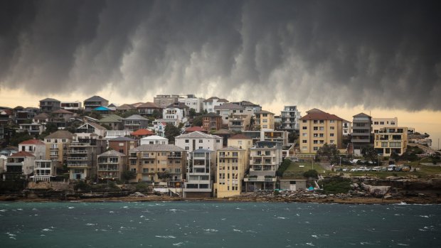A big storm hits Bondi Beach in the early evening in January.