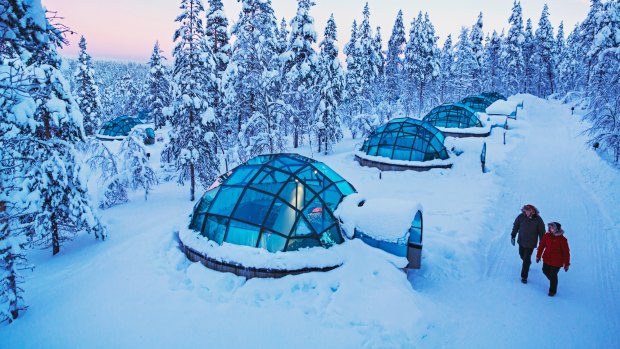 Glass igloos at Kakslauttanen Arctic Resort, Lapland, Finland. 