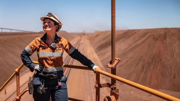 Nicole O'Keefe at the BHP Jimblebar reclaimer in the north west of Western Australia is one of the growing number of women in the mining industry. 