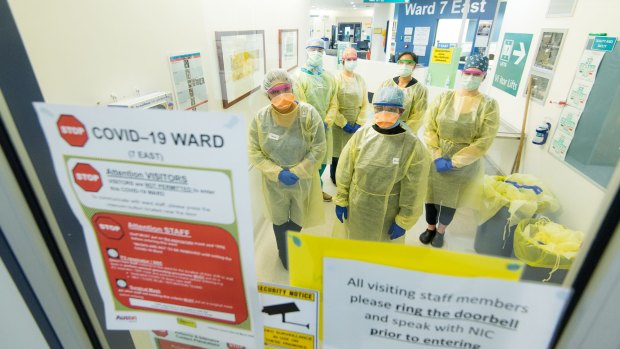 Medical staff in the COVID-19 ward at Melbourne's Austin Hospital.