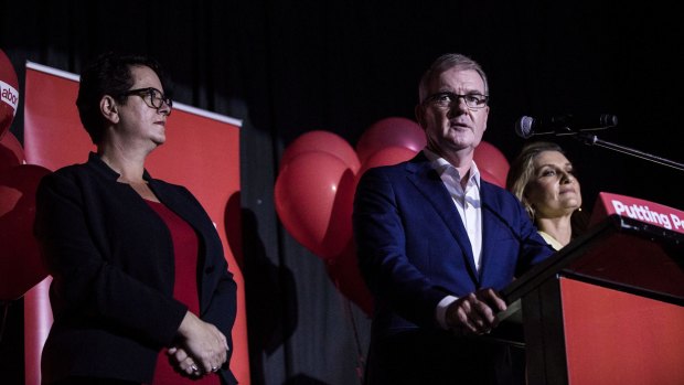 NSW Opposition Leader Michael Daley with his Deputy Penny Sharpe and wife Christina as he concedes the NSW state election.